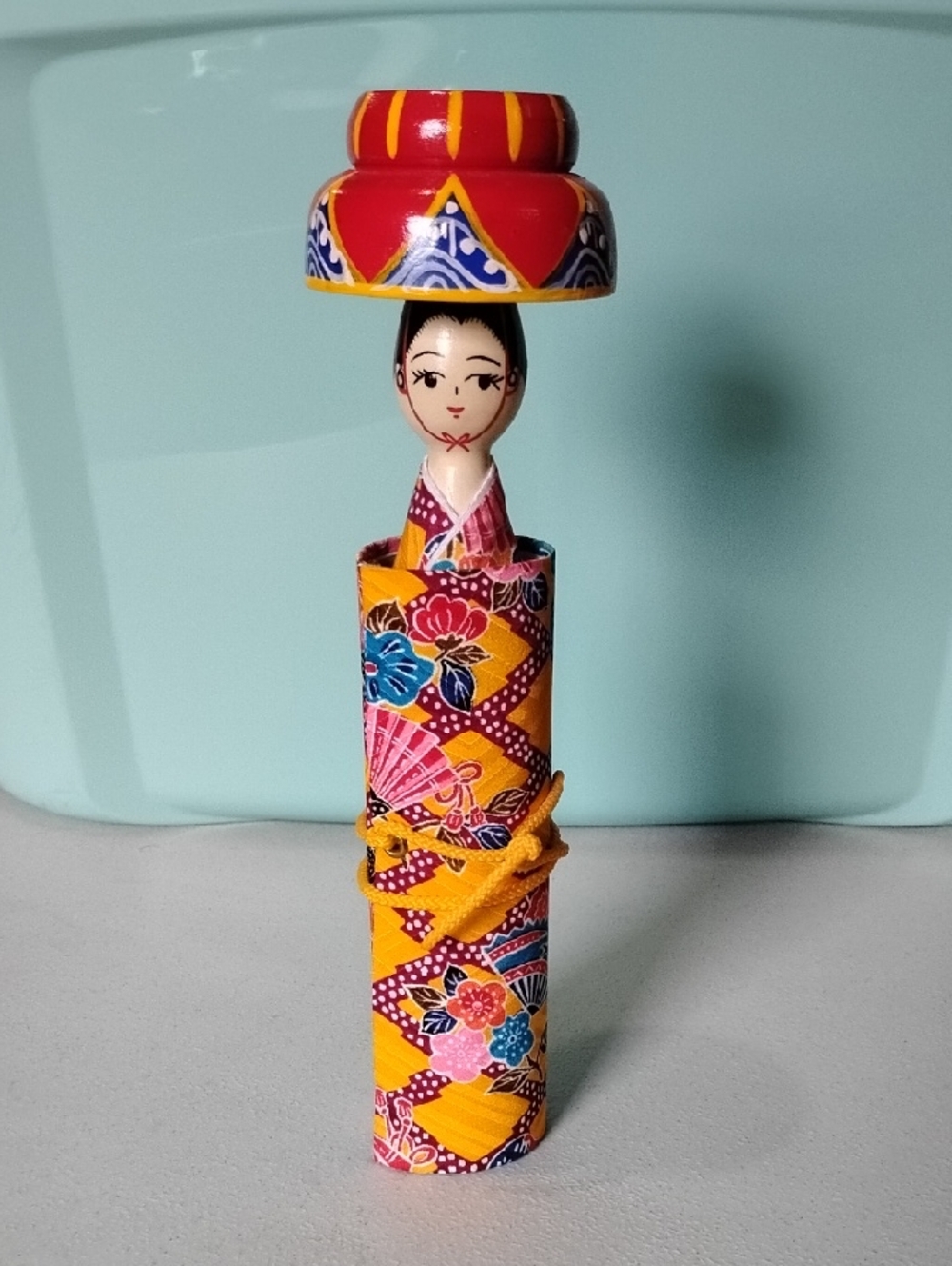 Oki-Sayonara Wooden Kokeshi Doll - Multicolor Fabric Wrapped Scroll Kimono